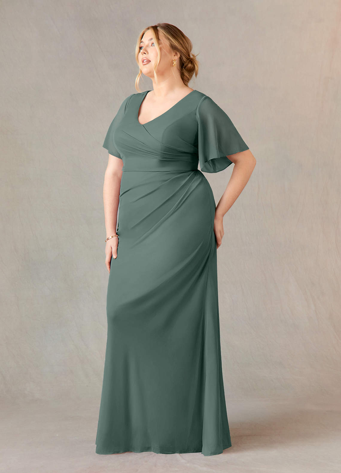 Eucalyptus A-Line V-Neck ruched Mesh Dress