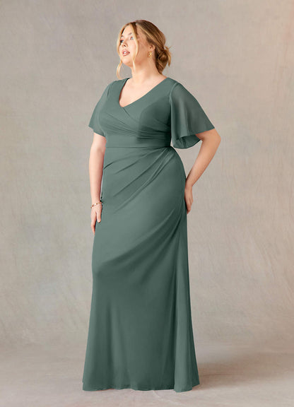 Eucalyptus A-Line V-Neck ruched Mesh Dress