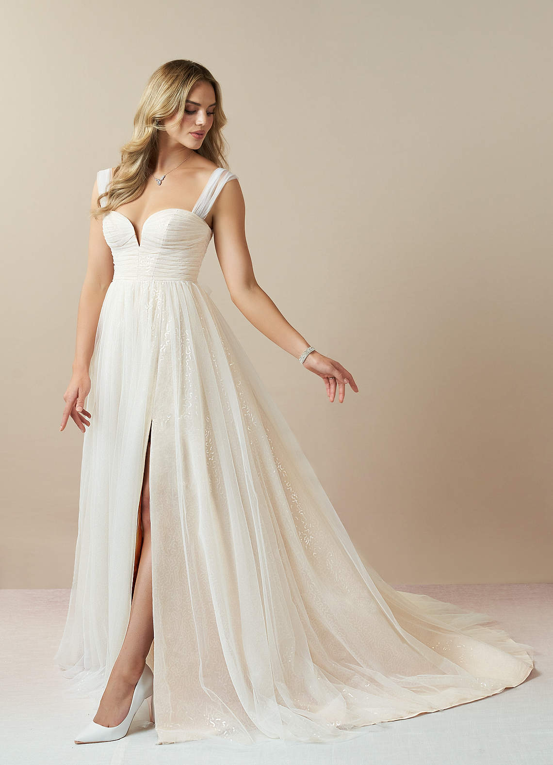Diamond White Champagne A-Line Off the Shoulder Tulle Dress