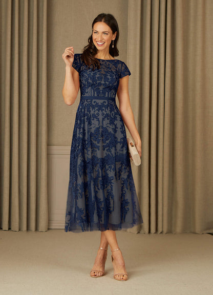 Dark Navy Champagne A-Line Scoop Lace Tulle Dress