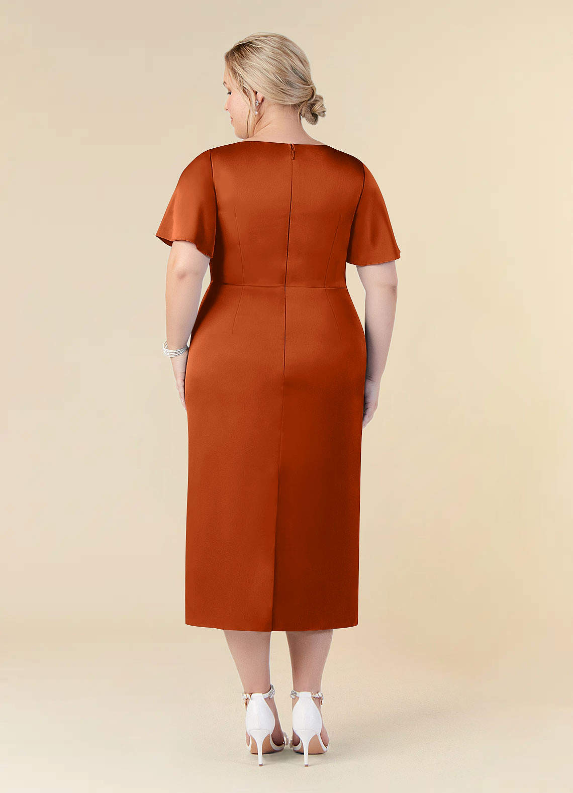 Burnt Orange Sheath Pleated Stretch Satin Dress