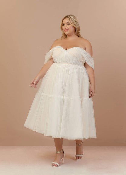 Diamond White Champagne A-Line Off-The-Shouler Tulle Dress