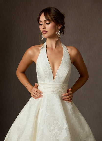 Antique White Ball-Gown with Pockets Floral Jacquard Dress