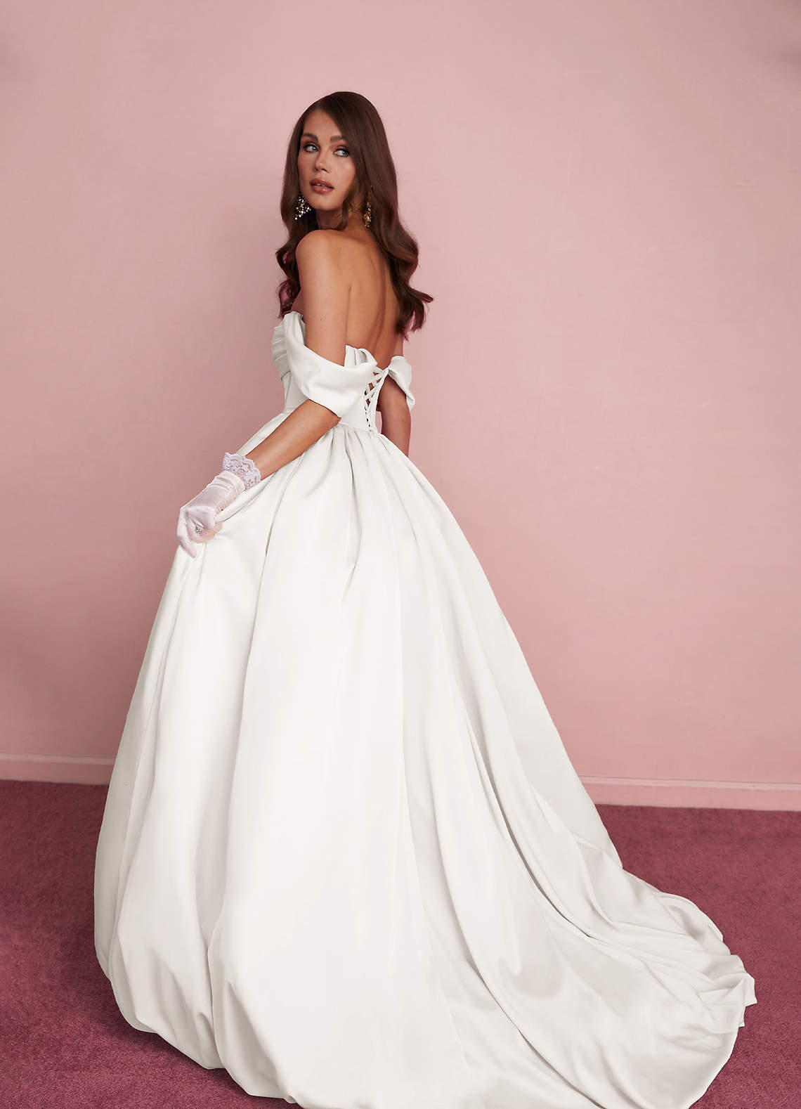 Diamond White Ball-Gown Off the Shoulder Stretch Satin Dress Diamond White