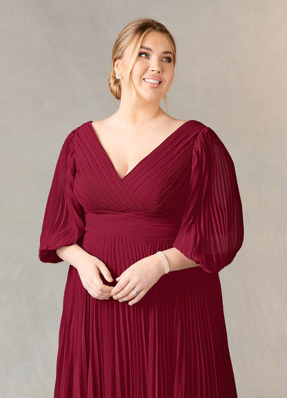 Burgundy A-Line V-Neck Pleated Chiffon Dress