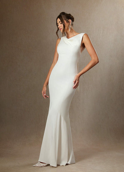 Diamond White Mermaid Bateau Neckline Crepe Back Satin Dress