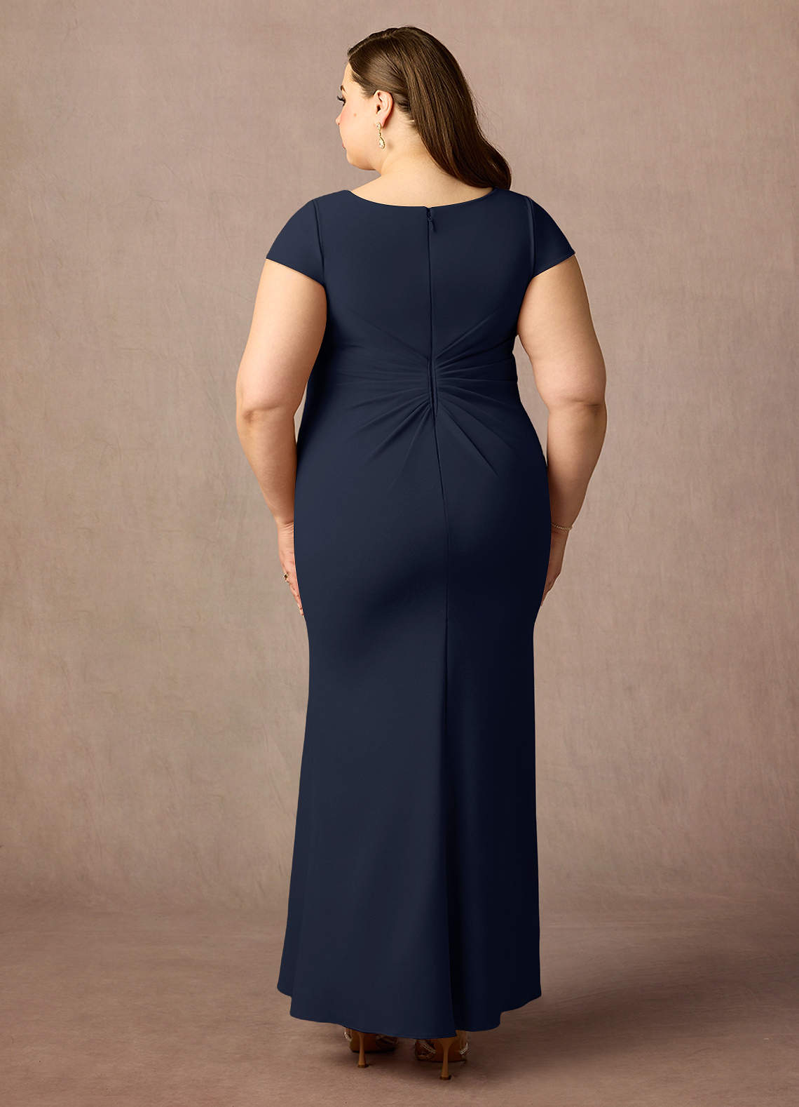 Dark Navy Mermaid V-Neck Pleated Stretch Crepe Dress