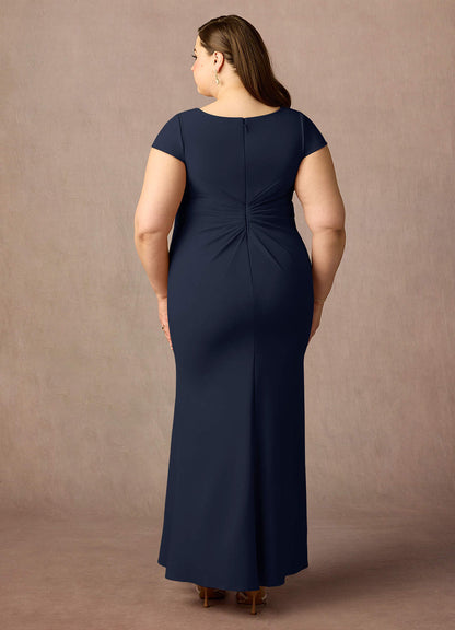 Dark Navy Mermaid V-Neck Pleated Stretch Crepe Dress