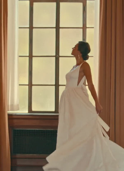Diamond White Ball-Gown with Pockets Floral Jacquard Dress