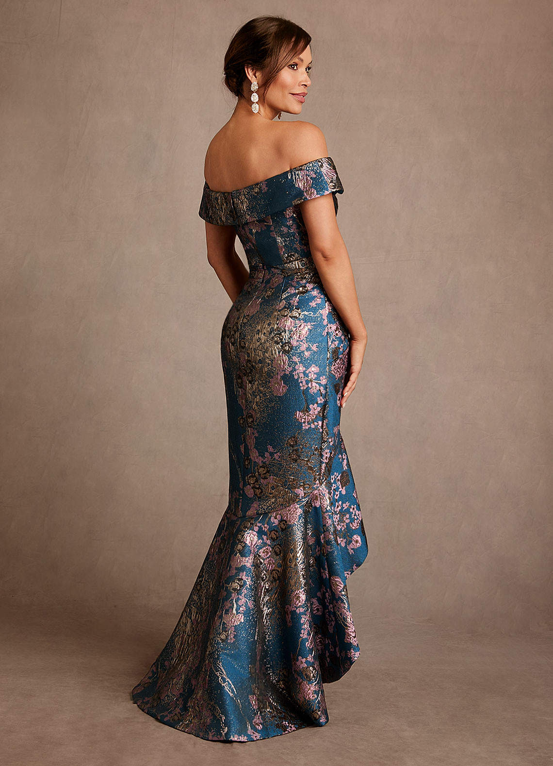 Teal Floral Mermaid Off the Shoulder Floral Jacquard Dress