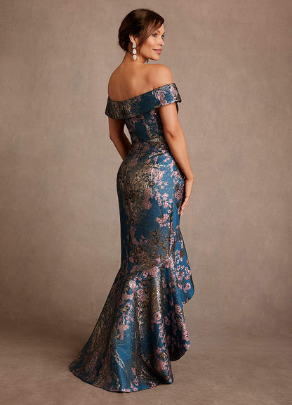 Teal Floral Mermaid Off the Shoulder Floral Jacquard Dress