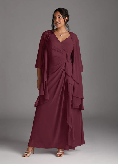 Cabernet A-Line V-Neck Pleated Chiffon Dress