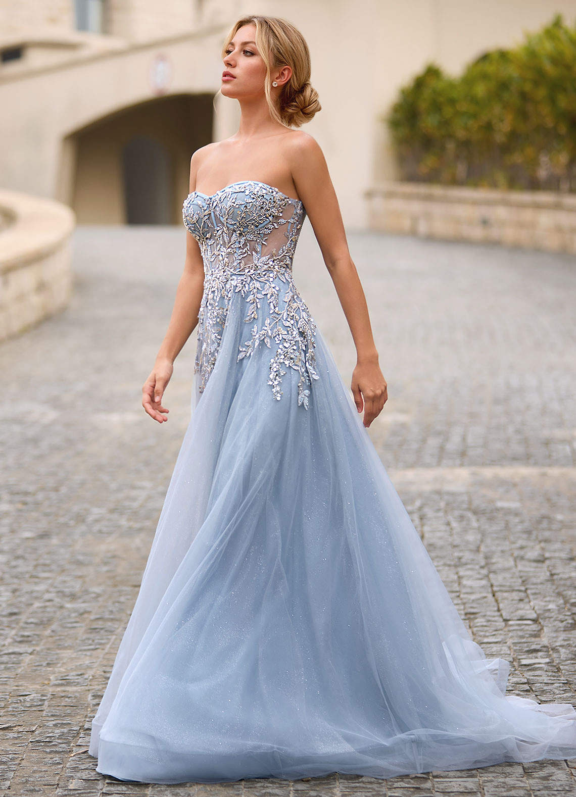 Celeste Dusty Blue Rhinestone Sheer Lace Prom Dress  Dress