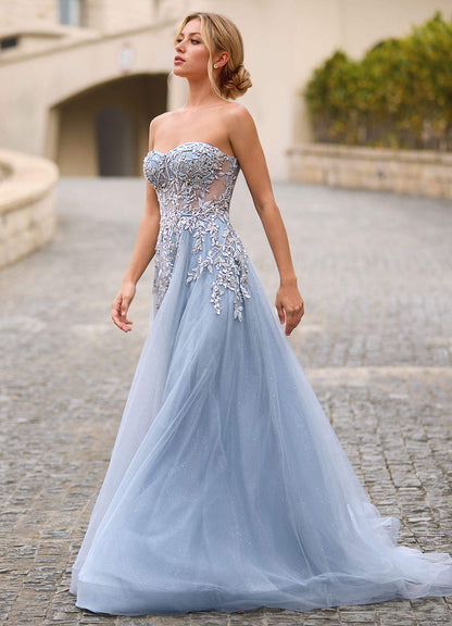 Celeste Dusty Blue Rhinestone Sheer Lace Prom Dress  Dress