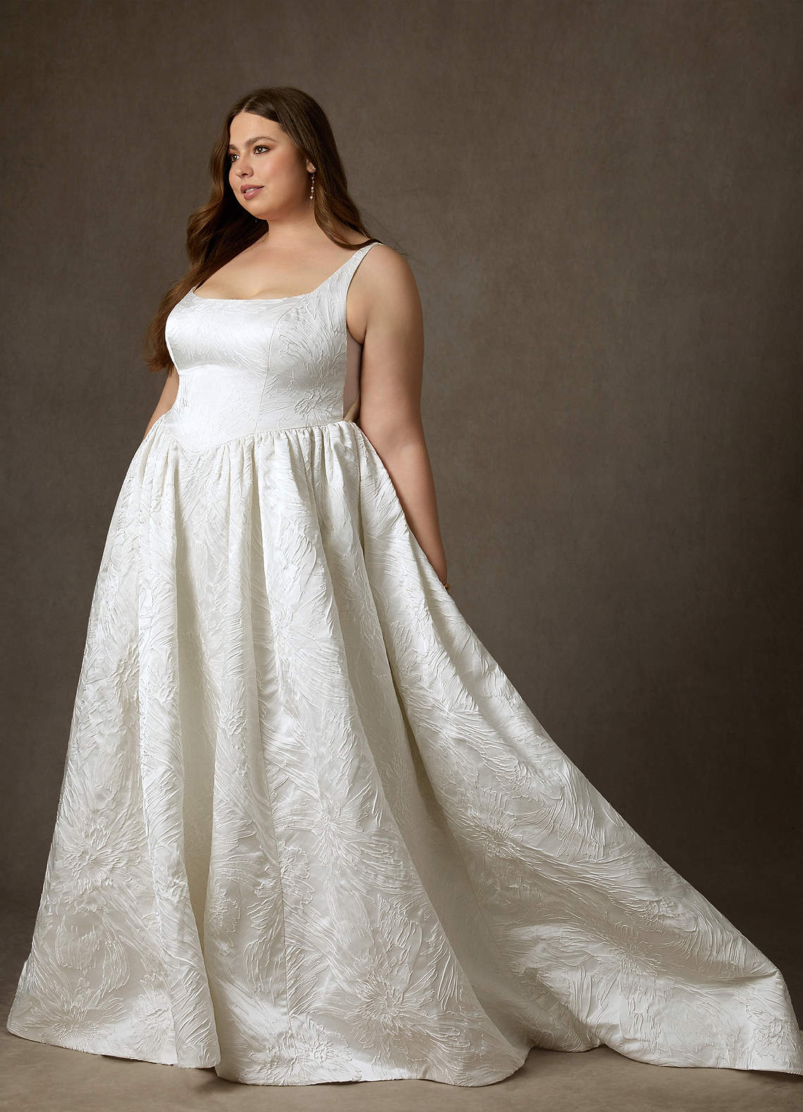 Diamond White Ball-Gown with Pockets Floral Jacquard Dress