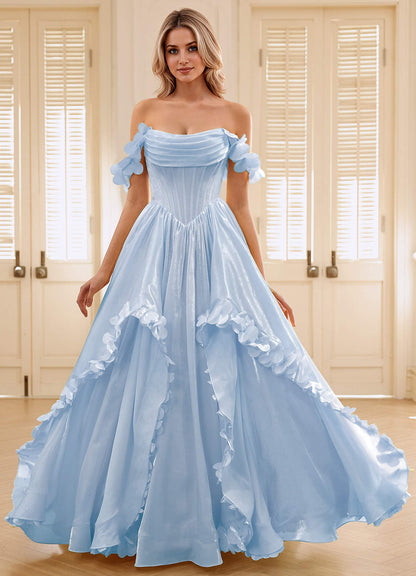 Elysia Sky Blue Corset Rhinestone Sheer Lace Prom Dress