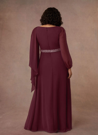 Cabernet A-Line Boatneck Pleated Chiffon Dress