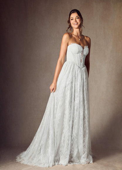 Diamond White A-Line Strapless Lace Dress