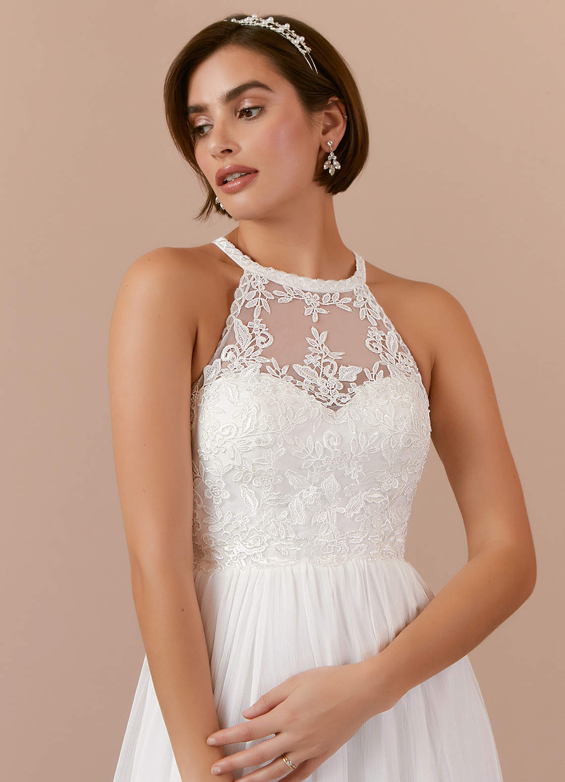 Diamond White A-Line Lace Crinkle Chiffon Dress