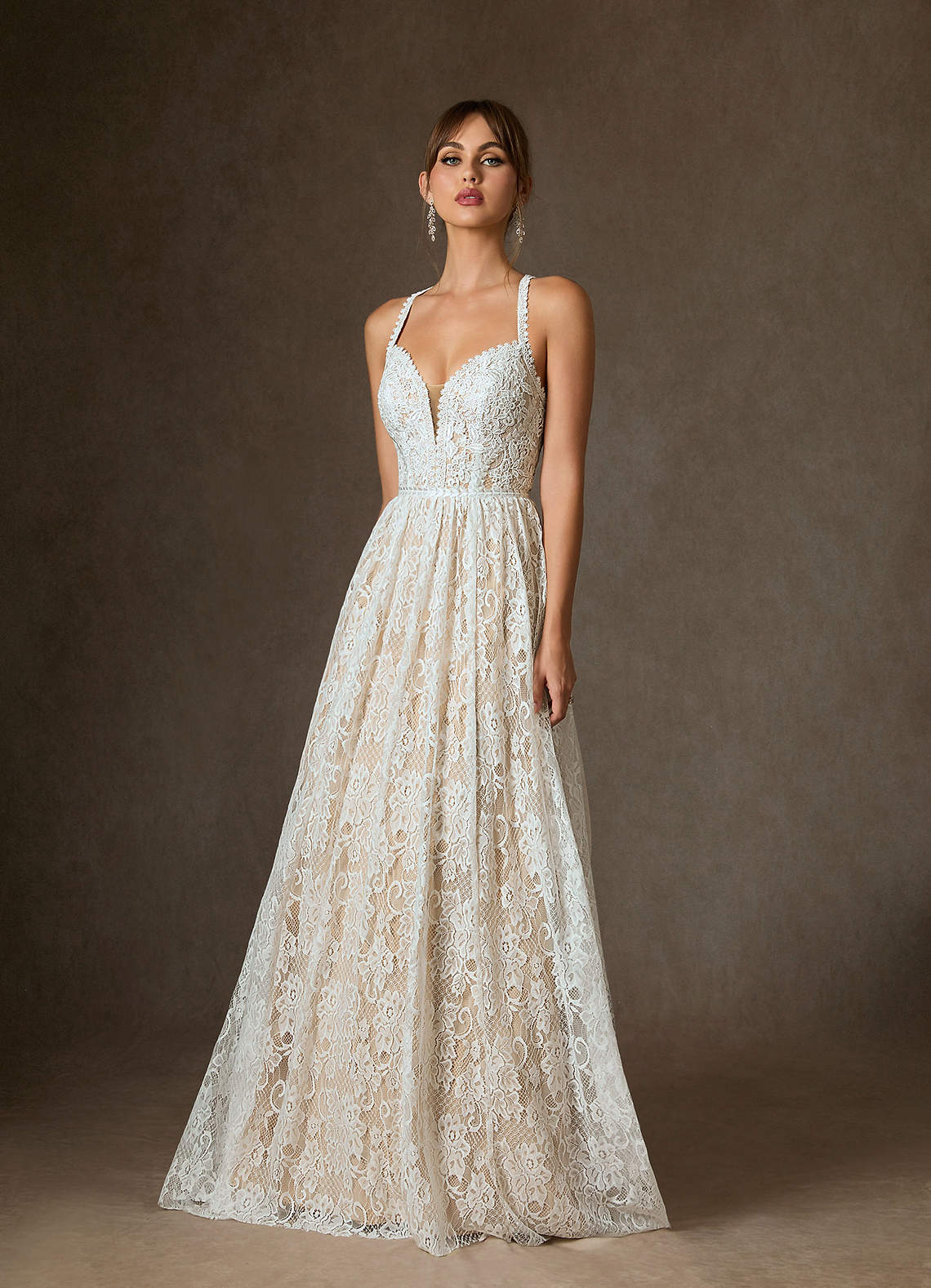 Diamond White Champagne A-Line Lace Dress