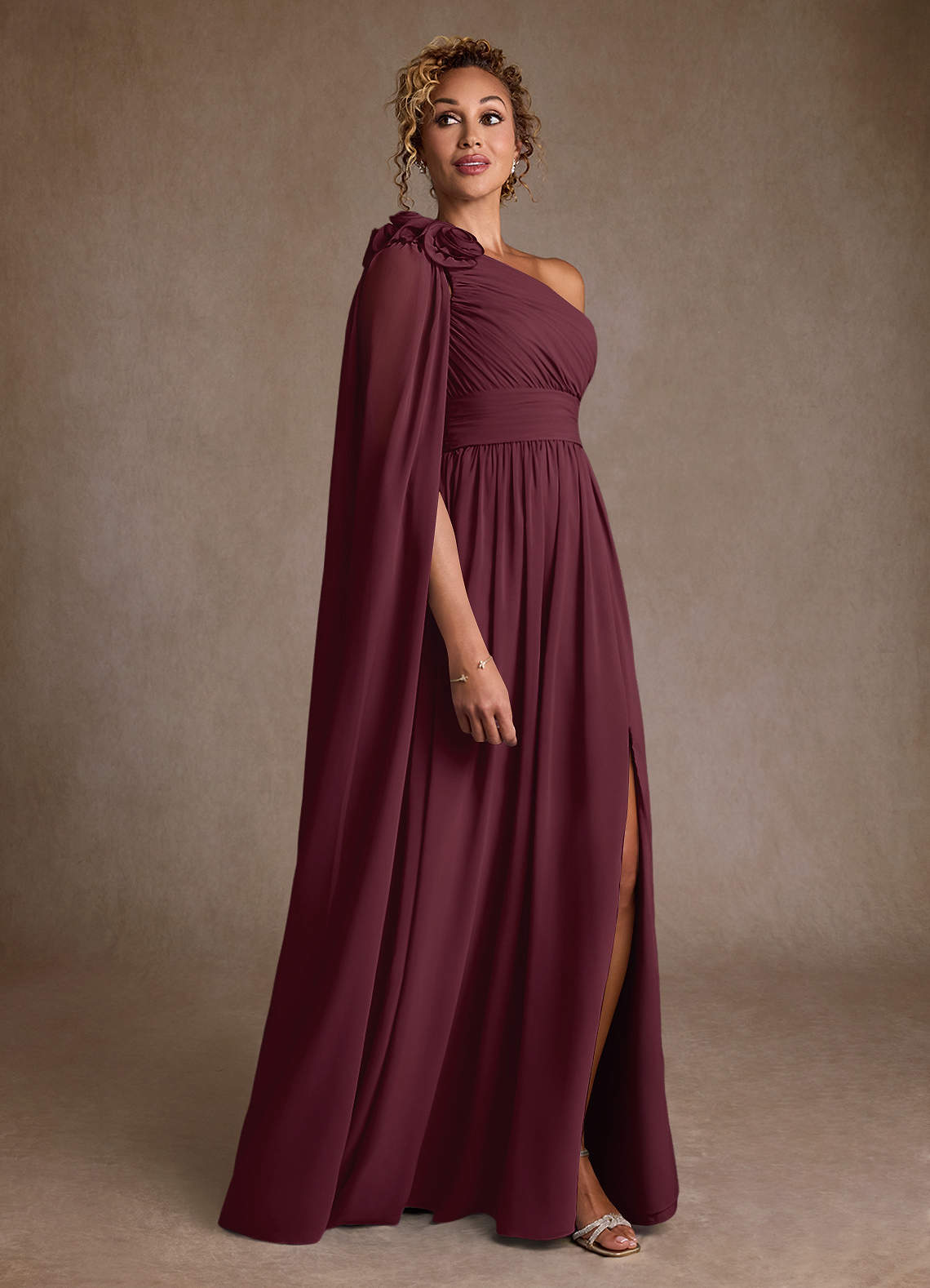 Cabernet A-Line One Shoulder Chiffon Dress