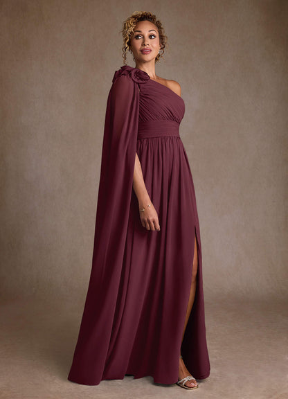 Cabernet A-Line One Shoulder Chiffon Dress
