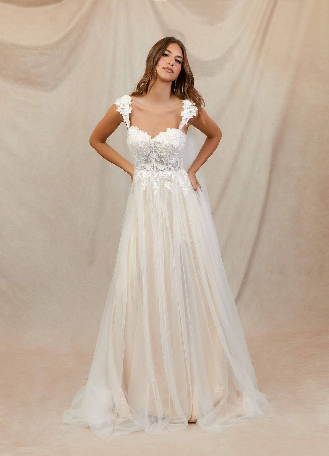 Diamond White Champagne A-Line Lace Tulle Dress