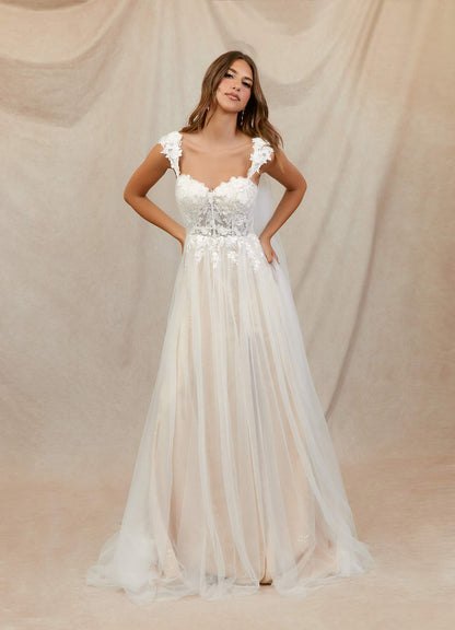 Diamond White Champagne A-Line Lace Tulle Dress