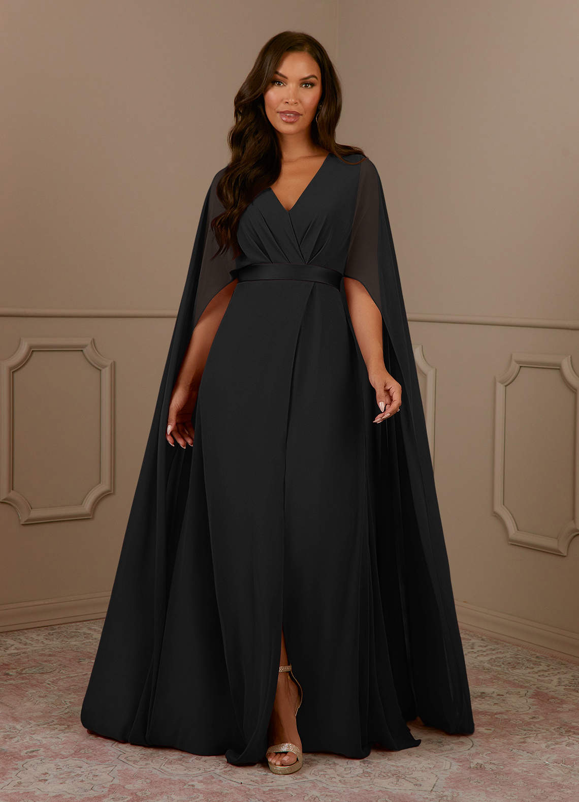 Black A-Line V-Neck Pleated Chiffon Dress