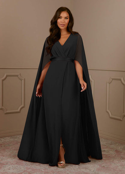 Black A-Line V-Neck Pleated Chiffon Dress