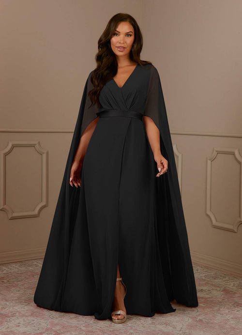 Black A-Line V-Neck Pleated Chiffon Dress