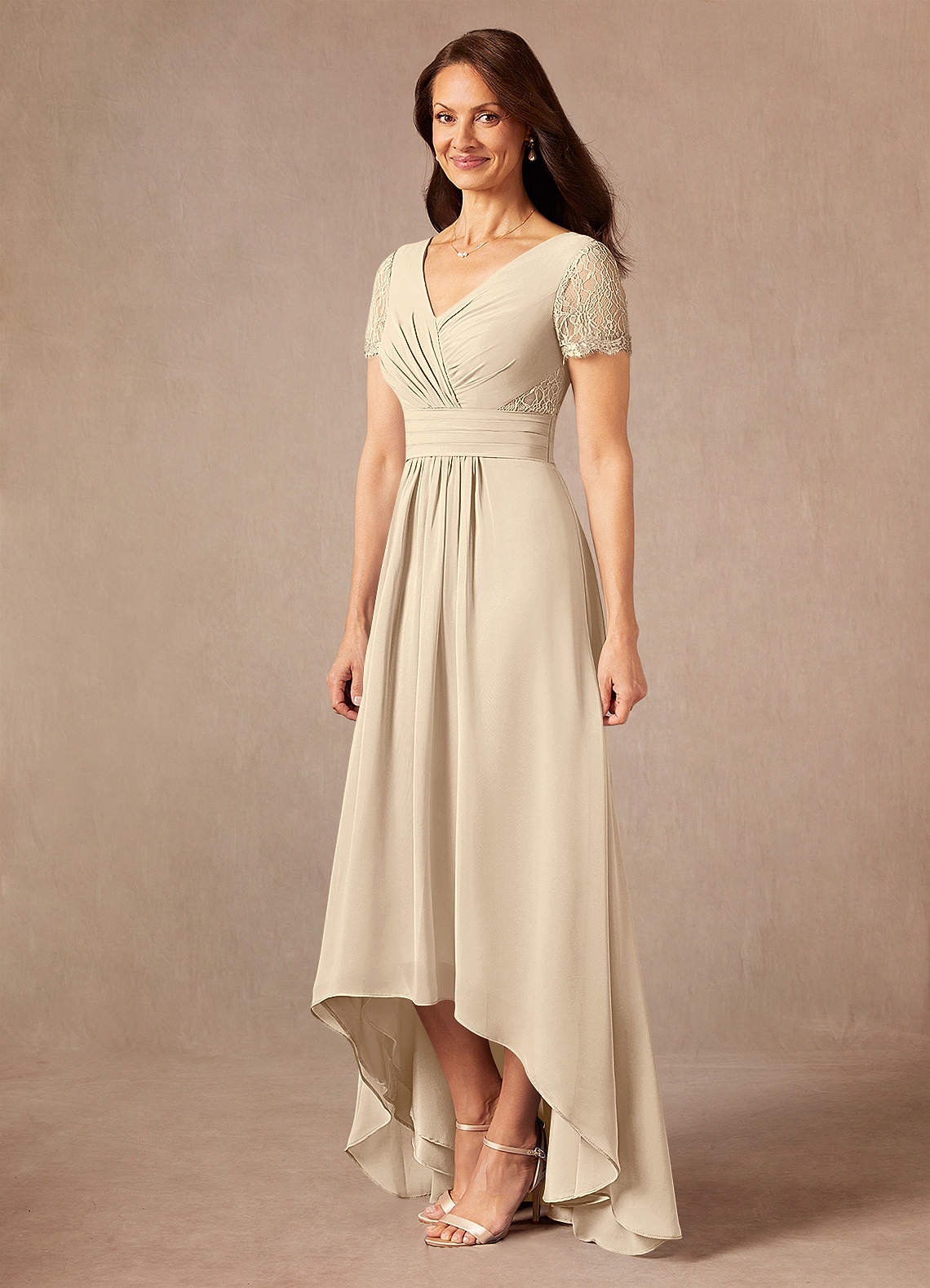 Champagne A-Line Lace Chiffon Dress