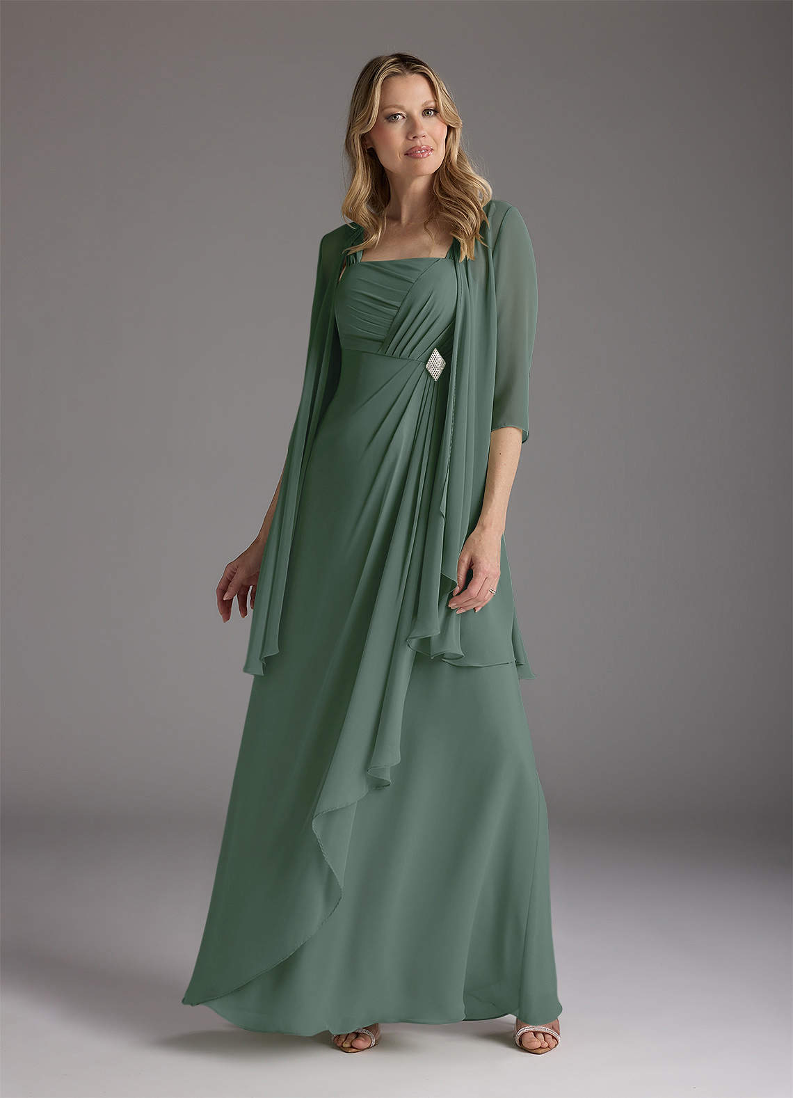Eucalyptus A-Line Square Neckline Pleated Chiffon Dress