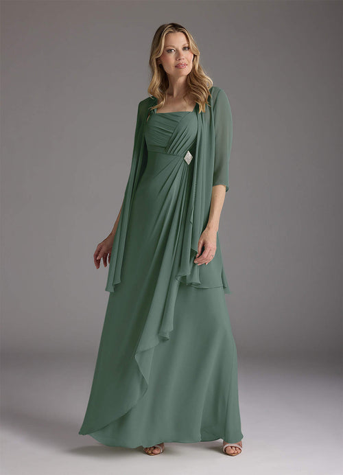 Eucalyptus A-Line Square Neckline Pleated Chiffon Dress