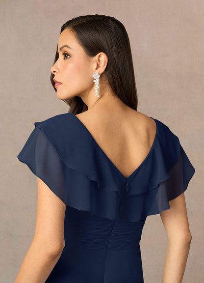 Dark Navy A-Line V-Neck Ruched Chiffon Dress