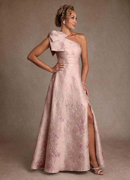 Coral Jacquard A-Line One Shoulder Floral Jacquard Dress