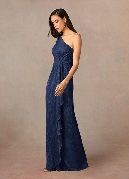 Dark Navy Sheath One Shoulder Metallic Mesh Dress