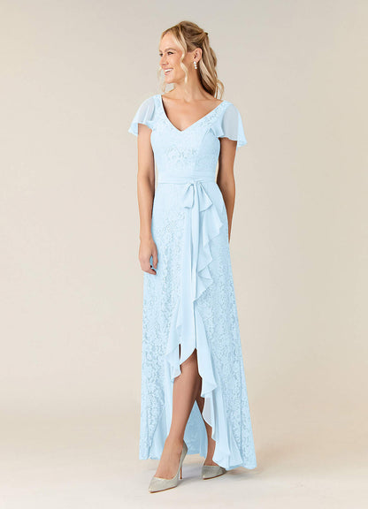 Sky Blue A-Line V-Neck Chiffon Dress