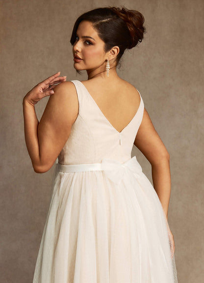 Diamond White Champagne A-Line Bow Tulle Dress