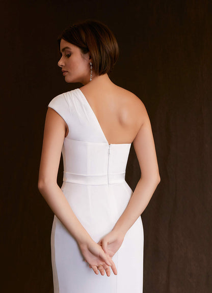 Diamond White Sheath One Shoulder Stretch Satin Dress
