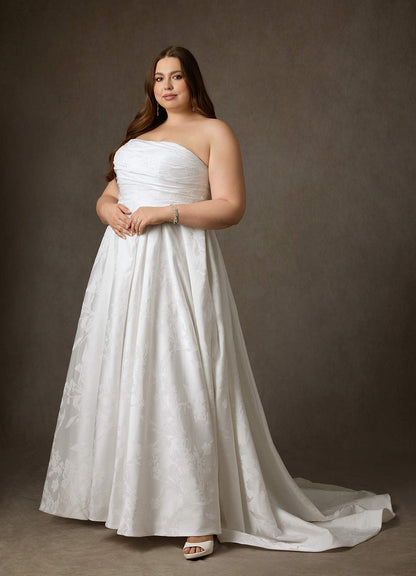 Diamond White A-Line Strapless Floral Jacquard Dress