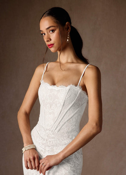 Diamond White Sheath Strapless Lace Dress