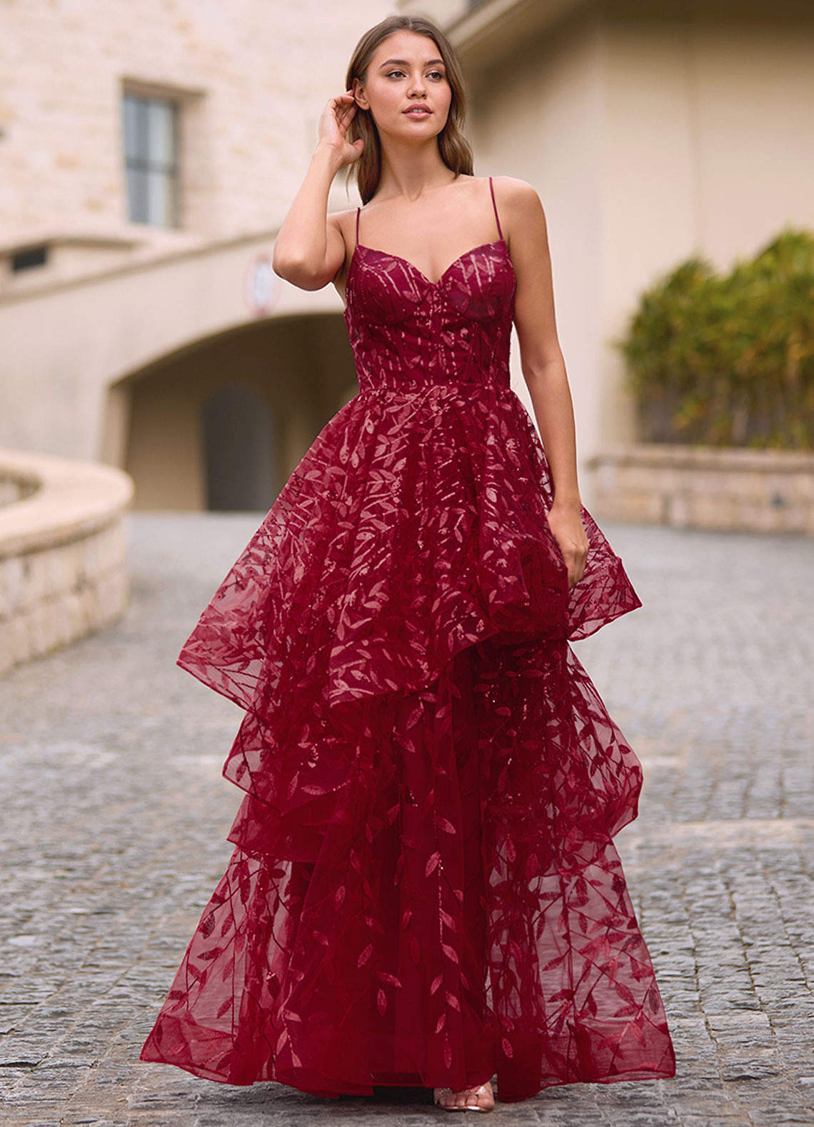 Valentina Burgundy Embroidered Jacquard Sheer Prom Dress  Dress