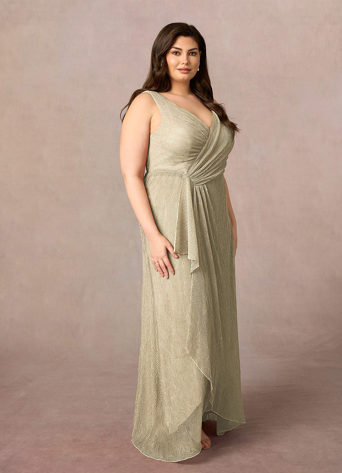 Champagne Gold A-Line Ruched Metallic Mesh Dress
