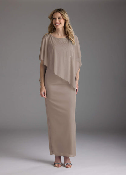 Taupe Sheath Beaded Mesh Dress