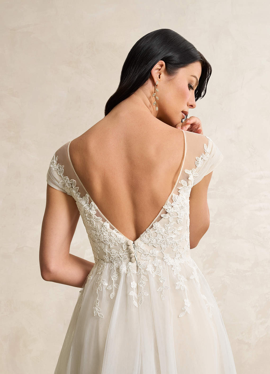 Diamond White Champagne A-Line V-Neck Tulle Dress