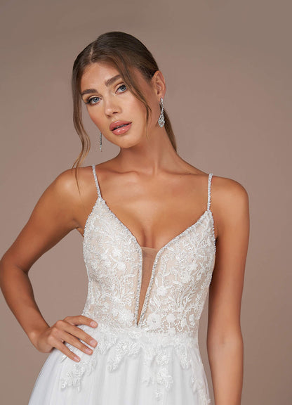 Diamond White Champagne A-Line V-Neck Sequins Tulle Dress