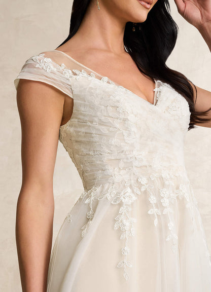 Diamond White Champagne A-Line V-Neck Tulle Dress