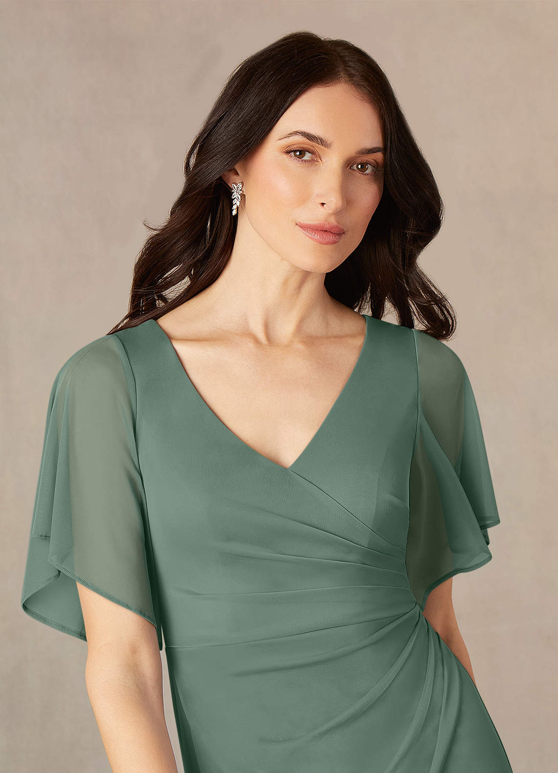 Eucalyptus A-Line V-Neck ruched Mesh Dress