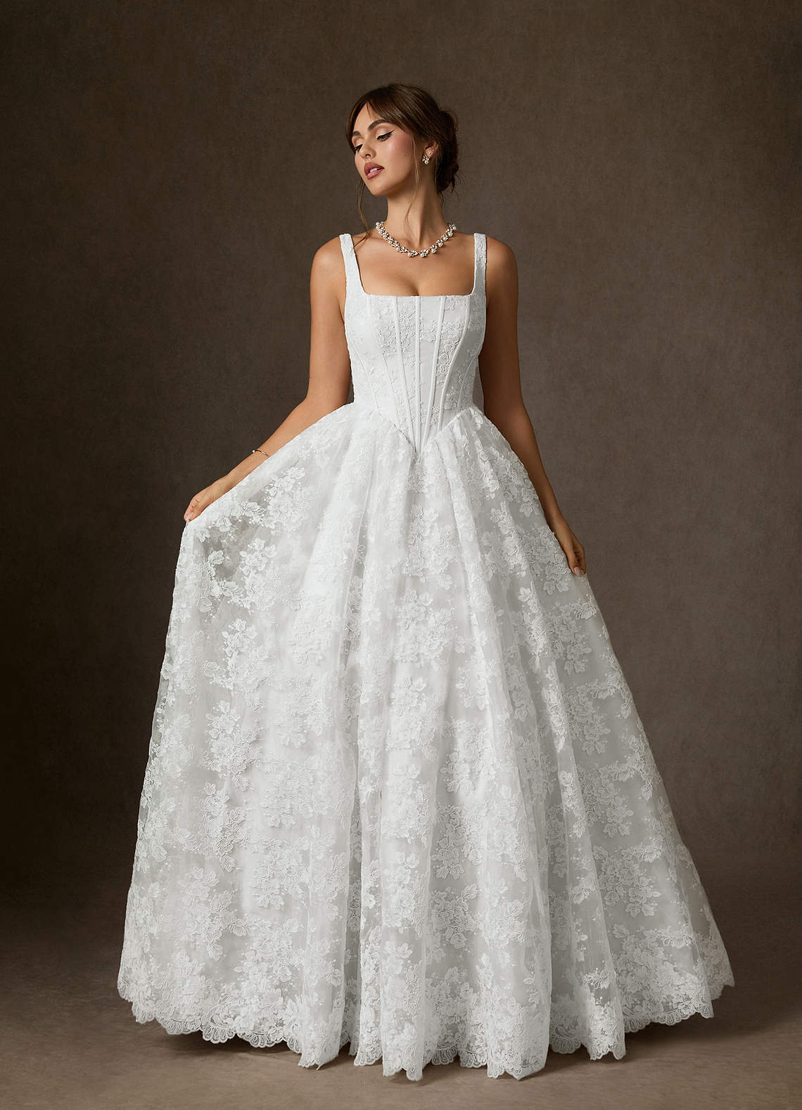 Diamond White Ball-Gown Square Neckline Lace Dress